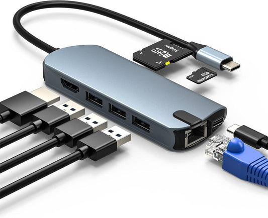 BINZET 8-in-1 4K@60Hz 100W 3X 3.0 1Gbps RJ45, USB C Hub Ethernet Adapter with HDMI, PD Charging, USB Ports, SD/TF Card