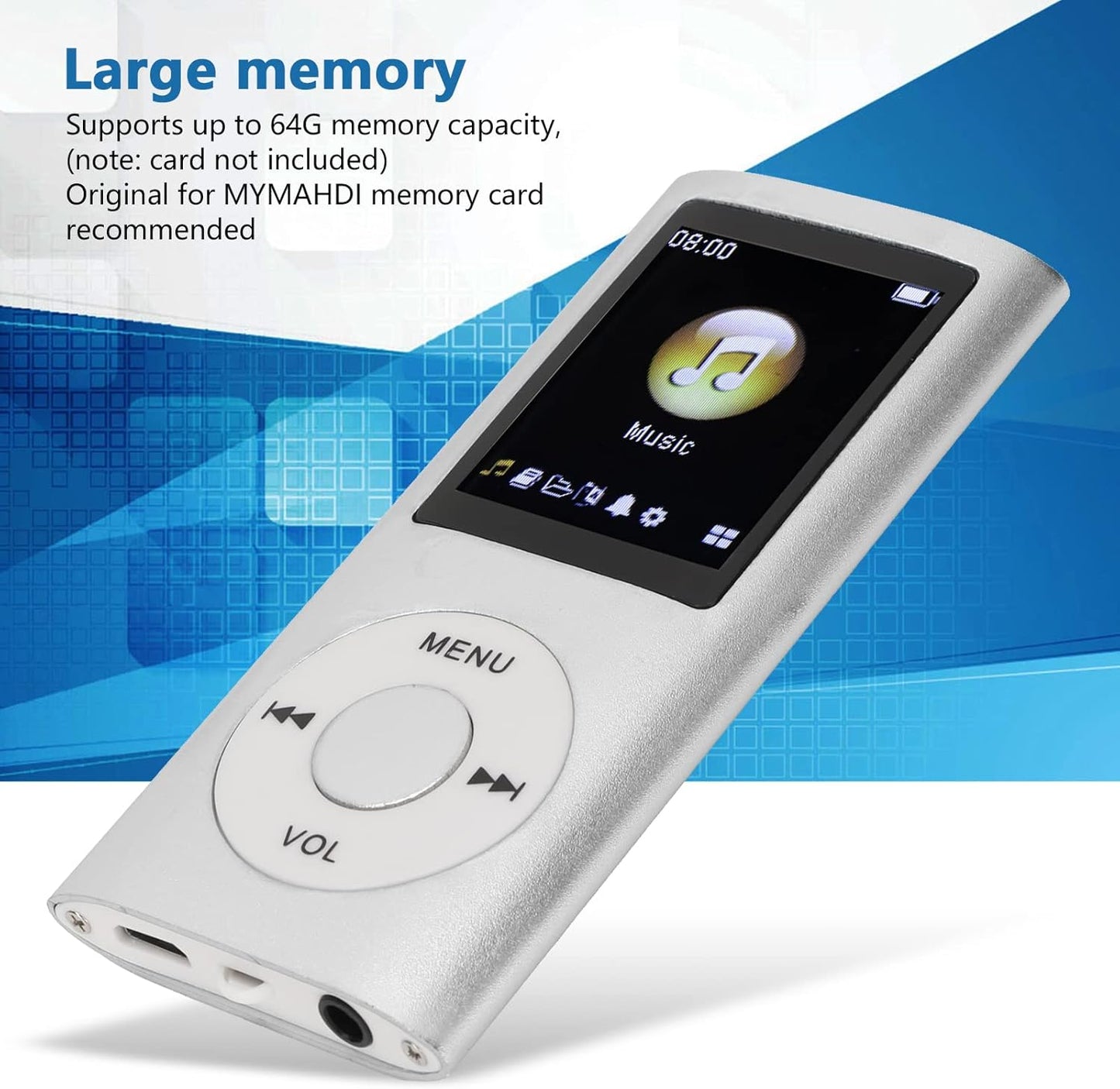 ASHATA 64G MP3 1.8 Inch MP3 MP3 Player, Screen Music Player for Sports Studying, Support WMA FLAC APE AAC OGG