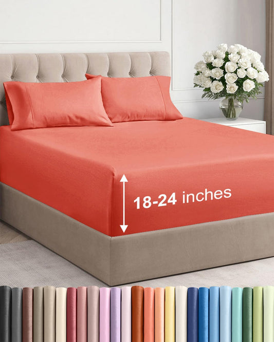 Skiennix Extra Deep Twin Sheet Set - 4 Piece Breathable Cooling Sheets - Luxury Coral Bedding for All Ages