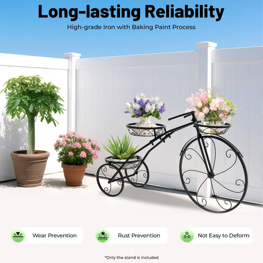 Bicycle Planter Stand, Three-wheeled Plant Stand, Plant Stand, Plant Corner Shelf, Metal Flower Pot Cart Holder with 3 Plant Bucket Outdoor Decorative for Patio, Deck, Garden or Lawn
