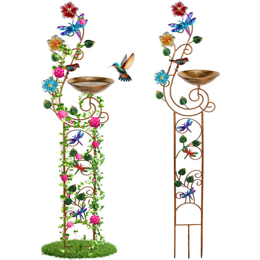 YADOOLIFE 57” Bird Bath with Garden Trellis for Climbing Plants Outdoor, Small Decorative Trellises Metal Birdbath Bird Baths, 1 Piece (Dragonfly)