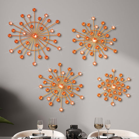 Blulu 4 Pcs Metal Wall Decor Bling Crystal Wall Art Cast Iron Rhinestones Sunburst Decor Starburst Art Hanging Diamond Accents Decorative for Living Room Bedroom Entryway (Orange)