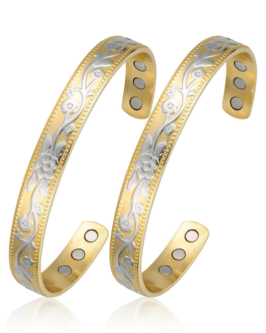 BioMag 2 Pcs Copper Bracelets for Women Men, 99.99% Pure Copper Cuff Bangle with 6 Pcs 3500 Gauss Magnets, Adjustable Size, Intricate Flower Pattern