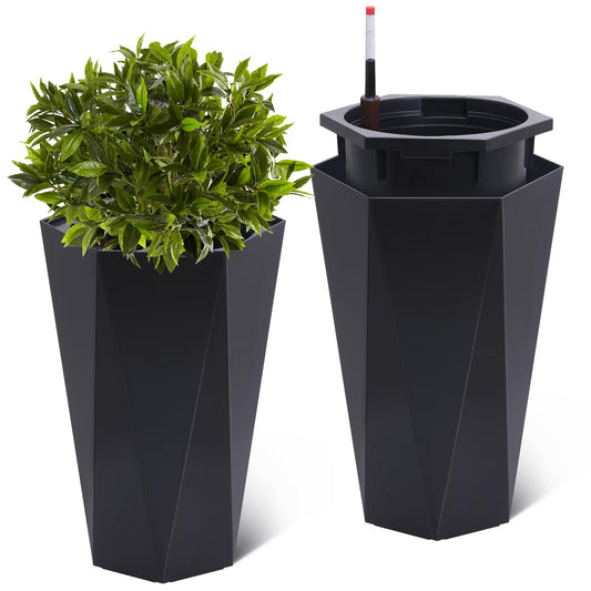LuyFuitre Set of 2 Tall Planters for Outdoor Plants, 22.5 Inch Tall Planter Pots with Water Level Monitor, Wheels & Inner Bucket for Indoor Outdoor, Black