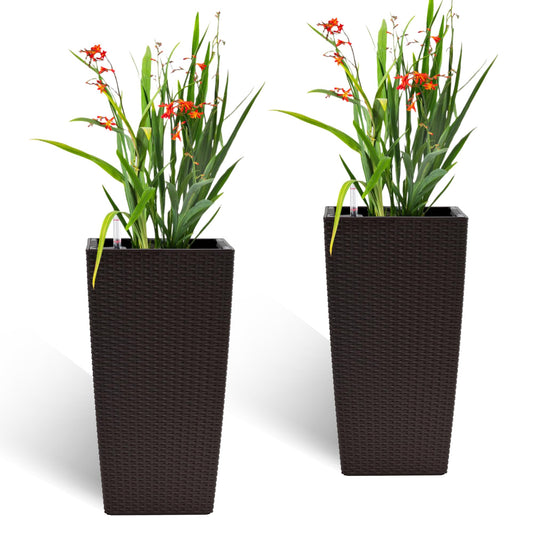 Self Watering Tall Planters for Outdoor Plants Set of 2, 24 Inch Imitation Rattan Plastic Flower Pots with Drainage Holes, Black Decor Planters for Indoor Outdoor Front Porch Patio Backyard (Brown)