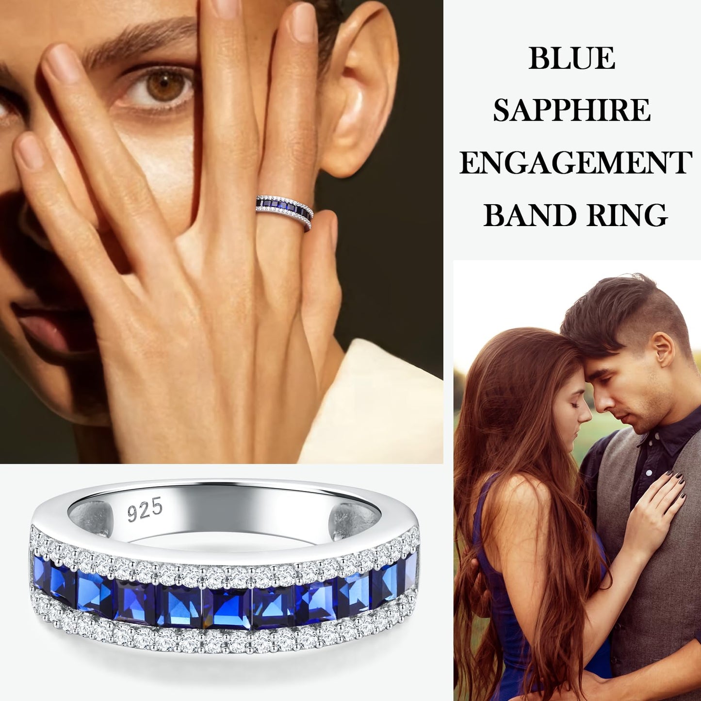 RANDES Wedding Band for Women Half Eternity Square Blue Sapphire Engagement Ring Princess Cut Channel Set Anniversary Ring Size 9