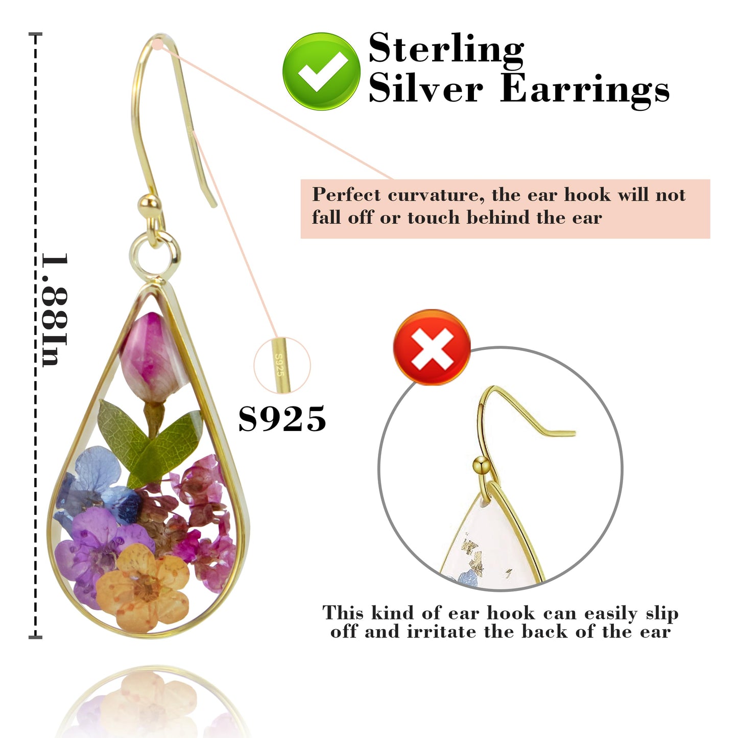 925 Sterling Silver Pressed Flower Teardrop Earrings,Hypoallergenic Women's Jewelry Gift for Mom and Wife,Handmade Natural Dried Flower Teardrop Earrings Jewelry Gift