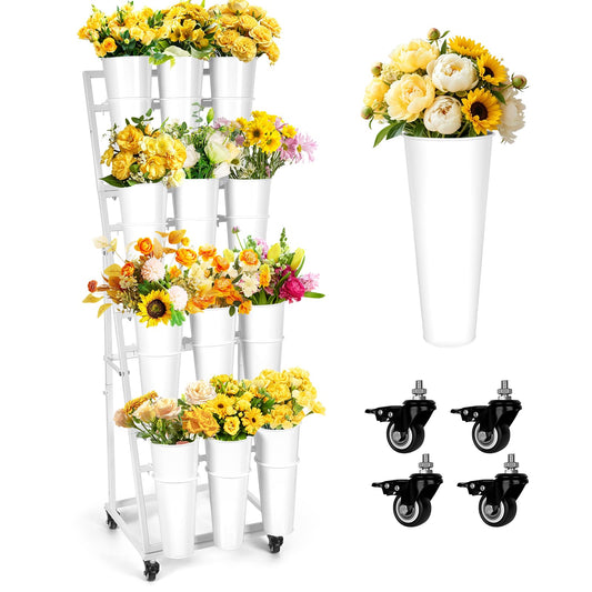 LEALIBAUSS Flower Bar Stand with 12 Buckets,Metal Flower Display Stand with Wheels,4 Layers Moving Florist Bouquet Shelf for Indoor Outdoor Garden,Flower Shop,Wedding,Party Decor (WHITE)