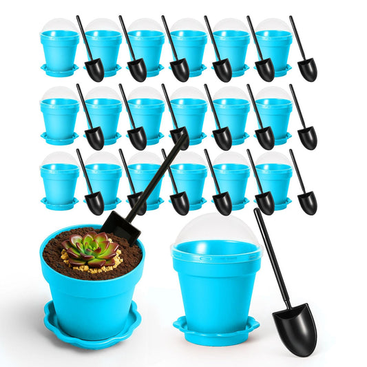 20 Pcs Nursery Pots with Humidity Dome, Cupcake Plant Nursery Pots with Bring A Plate and Shovel, Planting Cups for Seeds for Indoor Gardening and Plant Propagation(Blue)