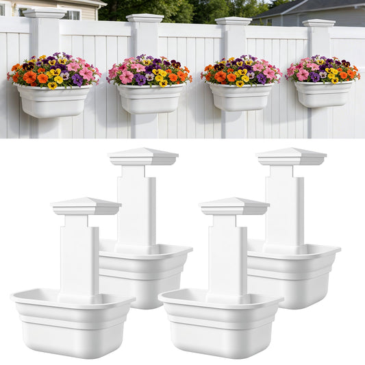 Maixinbuy Hanging Planters for Outdoor Plants - Fence Hanging Planters for PVC Fence, Plant Hangers Hanging Plant Flower Pots White with Post Caps for Garden Yard Decor, Easy Install - 4 Pack