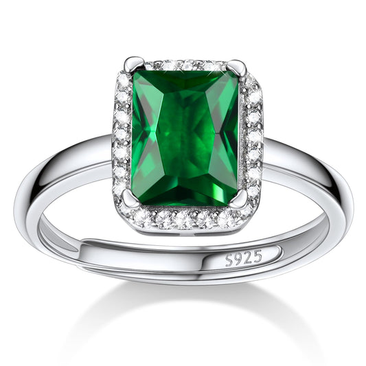 Bestyle Square May Emerald Birthstone Rings Embellished with White Cubic Zirconia Minimalist Sterling Silver Open Band Gemstone Rings for Birthday/Christmas/Party/Anniversary/Wedding