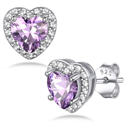 Bestyle Flattering June Alexandrite Heart Birthstone Earrings for Women Dainty Hypoallergenic Silver Earrings for Women Cute Purple Heart Studs