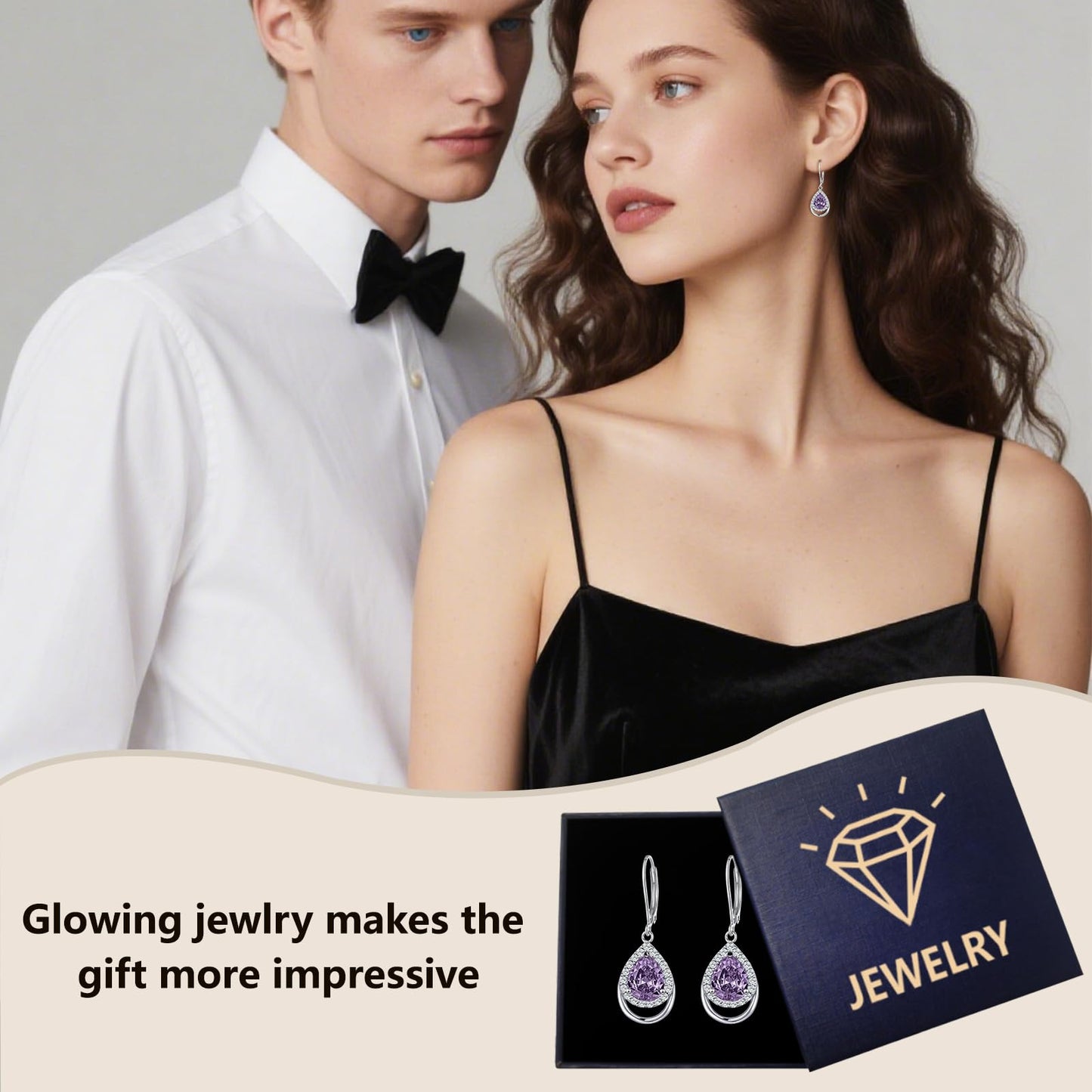 Amethyst Earrings Sterling Silver February Birthstone Teardrop Dangles Purple 5A Cubic Zirconia Drop Jewelry Christmas Gifts for Women