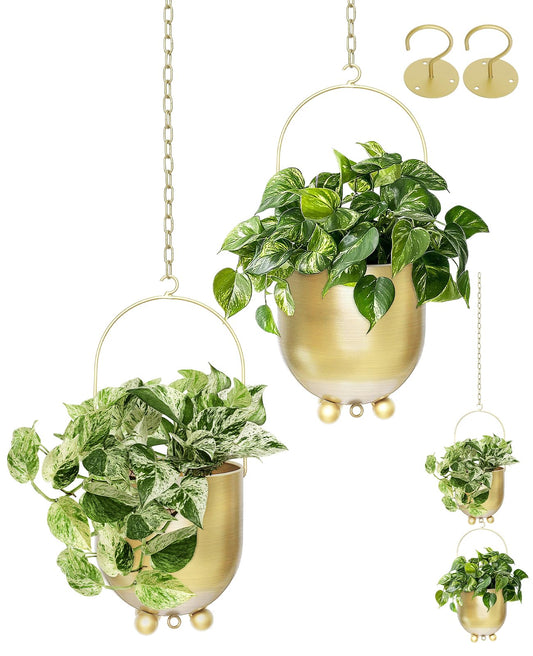 AceList Boho Hanging Planter,6.3 inch Set of 2 Gold Metal Plant Hanger with Hooks and Chains, Modern Wall & Ceiling Planters Outdoor/Indoor Hanging Planter for Window, Porch, Balcony and Home Décor