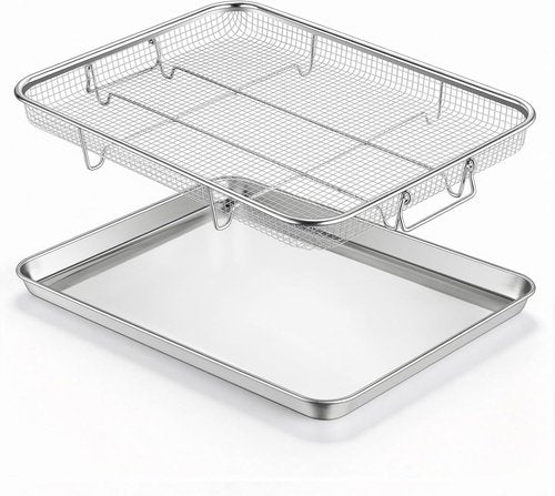 E-far Air Fryer Basket - Large 16” x 12” Stainless Steel Crisper Tray for Healthy Cooking | Dishwasher Safe