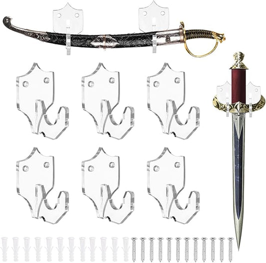 uxcell 6 Pcs Sword Holder Wall Mount Sword Racks Acrylic Wall Sword Display Hanger with Mounting Tools for Knife Martial Arts Sword Placement Display,Transparent (Shield)