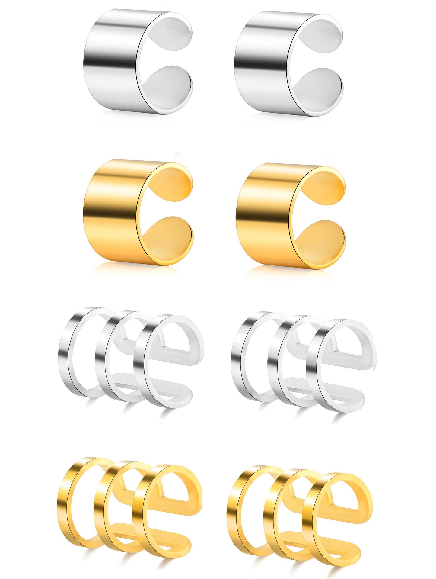 Tornito 4-10 Pairs Stainless Steel Ear Cuff Helix Cartilage Clip On Wrap Earrings Fake Nose Ring Non-Piercing Adjustable (B3:4 Pairs, Silver&Gold Tone)