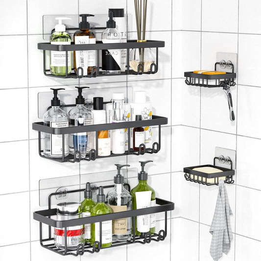 Rustproof Stainless Steel Shower Caddy by [Brand Name] - 5 Pack Adhesive Bathroom Organizers | Large Capacity, No Drilling, Black