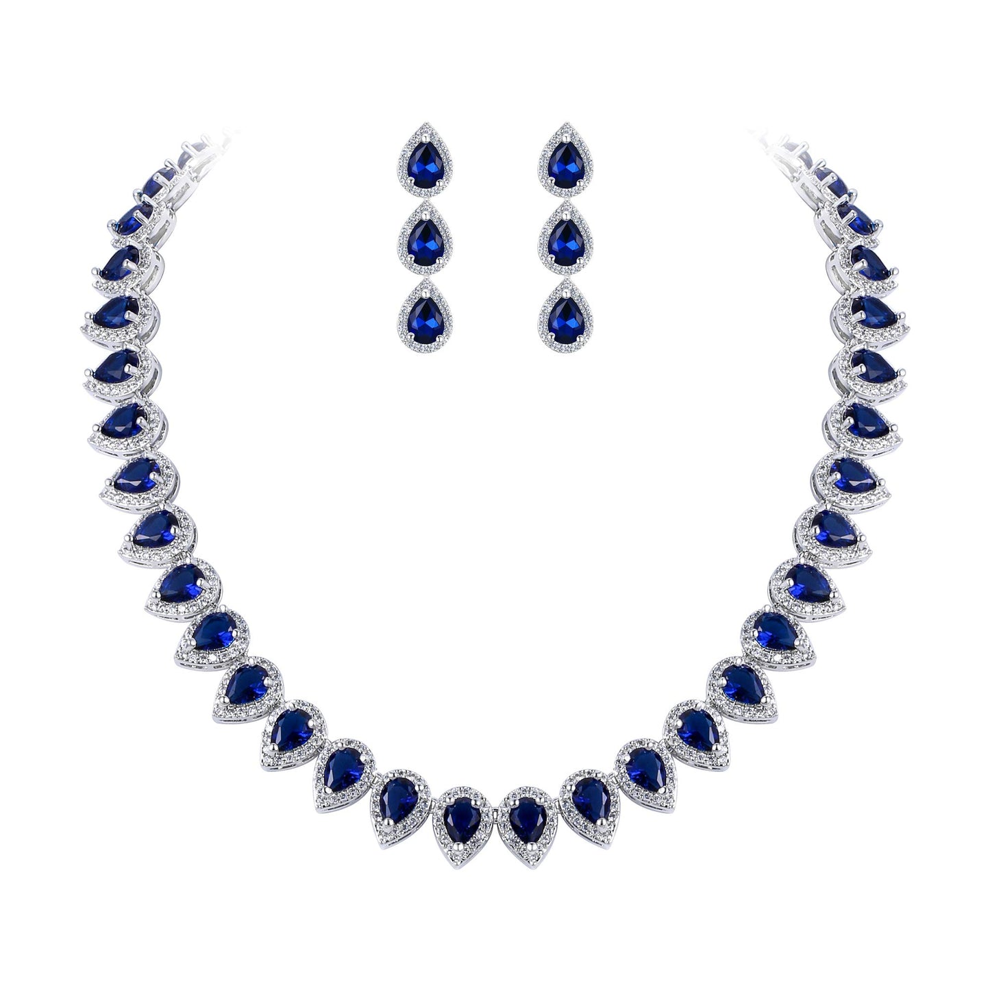 EleQueen Women's Wedding Bridal Full Prong Cubic Zirconia Sapphire Teardrop Necklace Earrings Set for Brides Bridesmaids Blue-Silver-Plated-Brass