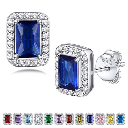 Bestyle Adorable September Sapphire Birthstone Stud Earrings 925 Sterling Silver CZ Square Gemstone Studs Earrings Great Birthday Gift for Wife/Mom/Grandma