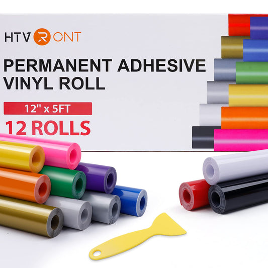 HTVRONT Permanent Vinyl Bundle -12 Pack 12 Inch by 5 Feet Permanent Adhesive Vinyl Rolls Compatible with Cricut Cutting Machine, Silhouette, Cameo Cutters, Signs, Scrapbooking, Craft, Die Cutters