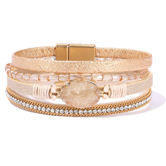 Becklynn Boho Leather Wrap Bracelets Beaded Crystal Stackable Cuff Bracelet with Magnetic Clasp Cowboy Cowgirl County Concert Outfits Western Jewelry Gifts for Women(Stone Gold)
