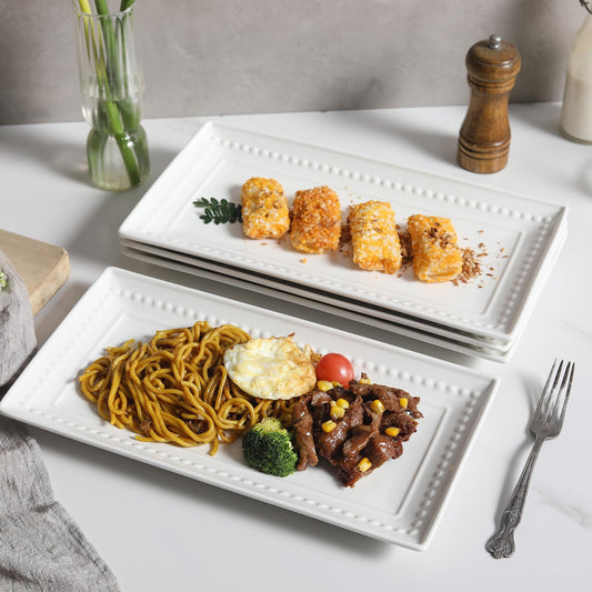 Feenmai 14 inch Ceramic Serving Platter - Rectangular Serving Trays Set of 4, Large Embossed Plates, Porcelain White Platters for Steak, Appetizer, Dessert, Tacos, Housewarming, Oven Dishwasher Safe