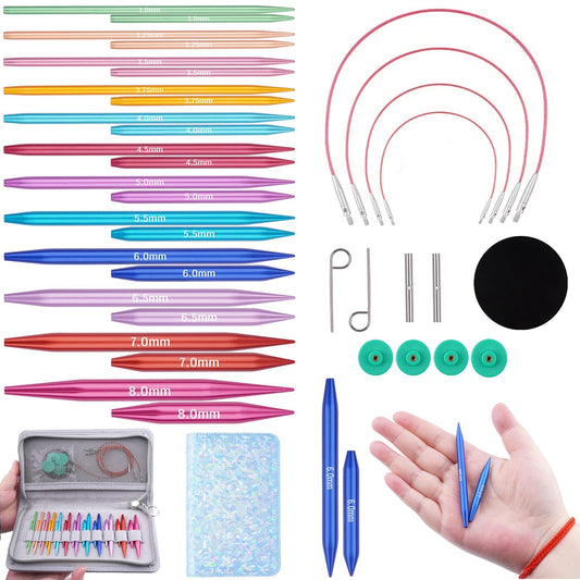 Weabetfu Circular Knitting Needles Set with Case 12 Pairs Interchangeable Aluminum Circle Needles with 4 Flexible Cables 3mm-8mm,Short Circular Needles
