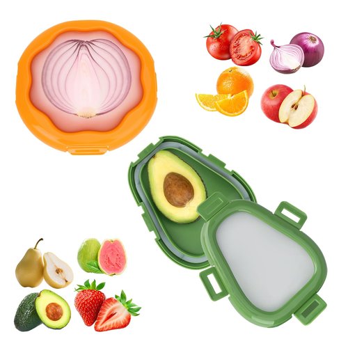 KMOSENIA 2pc Fruit Storage Containers for Fridge, Avocado Saver and Onion Storage Set, Reusable Silicone Food Storage Containers for Tomatoes, Lemons, and Potatoes (2)