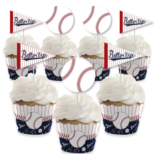 Big Dot of Happiness Batter Up - Baseball - Cupcake Decoration - Baby Shower or Birthday Party Wrappers and Treat Picks Kit - Set of 24
