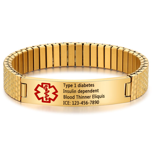 Bijouweled Medical Alert Bracelet for Women Men 7.5 to 9.8 Inches Emergency ID Bracelets Free Engraving Personalized Medic Alert Bracelet for Adult (Gold 7.3inch stretchable)