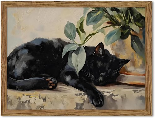Framed Black Cat Canvas Wall Art - Vintage Sleeping Cat with Plant | Rustic Aesthetic Home Decor 16x24