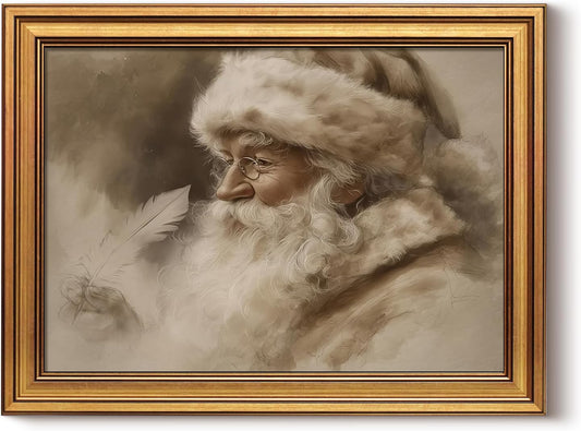 WHASAYART Vintage Santa Claus Canvas Print - Gold Framed Christmas Wall Art | 16" x 12" Home Decor