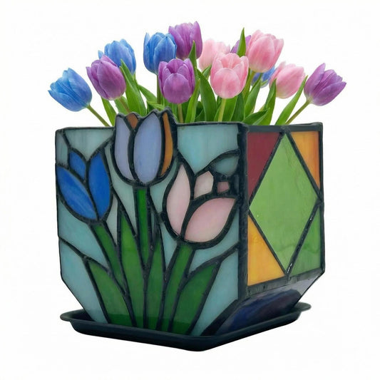 Entlityful Handmade Stained Glass Tulip Planter,Tiffany Style Decorative Flower Pot for Indoor Plants,Vintage Floral Design Tabletop Plant Container, Ideal Gift for Plant Lovers and Gardeners