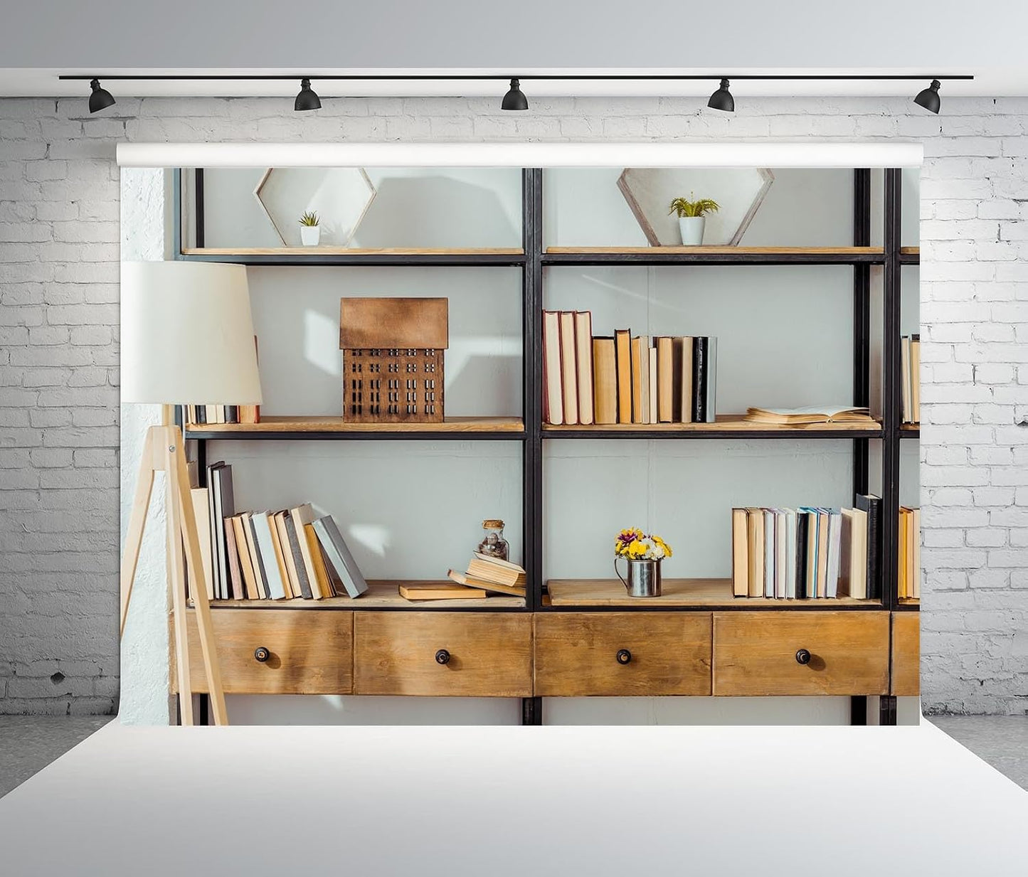 BELECO 7x5ft Fabric Living Room Bookshelf Backdrop Empty Room with Bookcase, Zoom Calls Video Recording Background Home