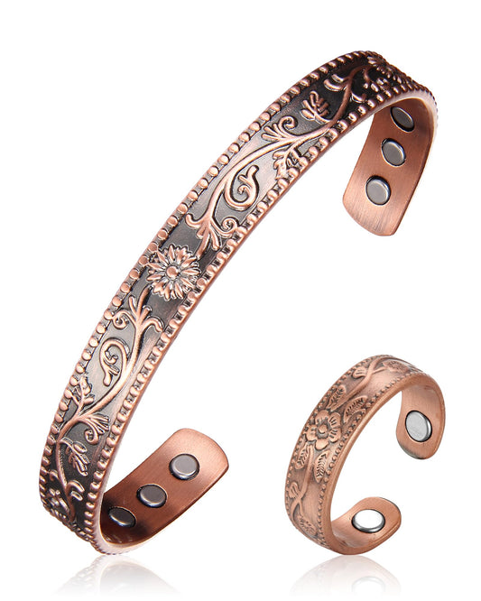 BioMag 99.99% Pure Copper Bracelet&Ring for Men and Women, Adjustable Magnetic Bracelet & Ring with Built-in Strong Magnets, Elegant Vintage Flower Design, Jewelry Christmas Gift
