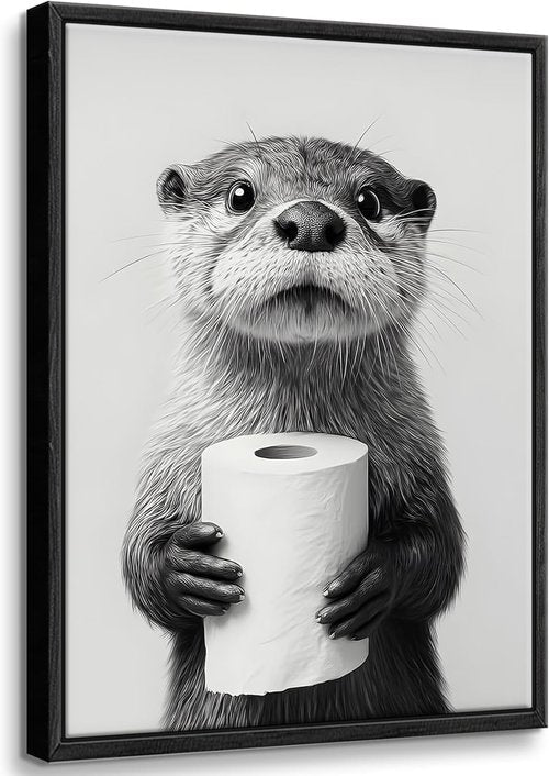 Framed Otter Wall Art - Black and White Funny Bathroom Decor | Farmhouse Toilet Paper Design