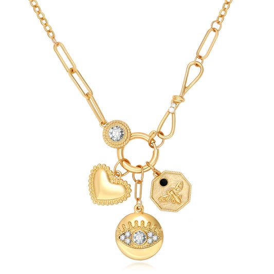 BONJOULRY Evil Eye Heart Coin Charm Necklace for Women Dainty Gold Plated Rhinestone Bowknot Pendant Protection Necklace Paperclip Chain Charms Necklaces Trendy Jewelry Bee Coin