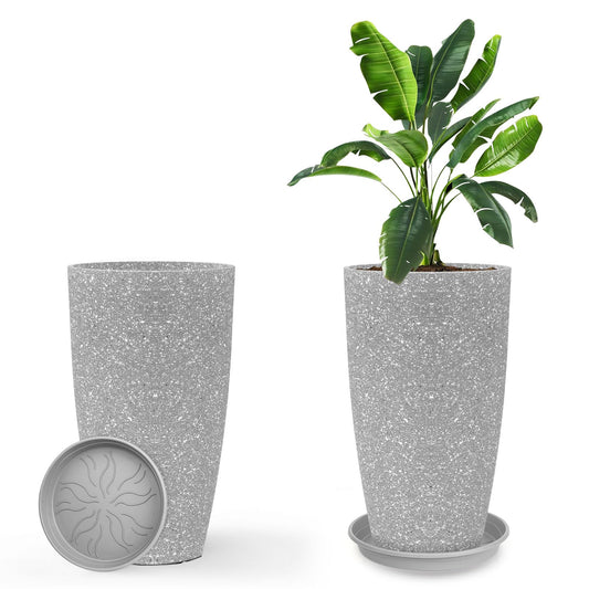GameXcel Tall Flower Pot Indoor - Outdoor Plant Pot - Gray Rough Planter - Elegant Stone Imitation - 12" Diameter 21" Tall with Drainage Holes and Saucer 2 Pack