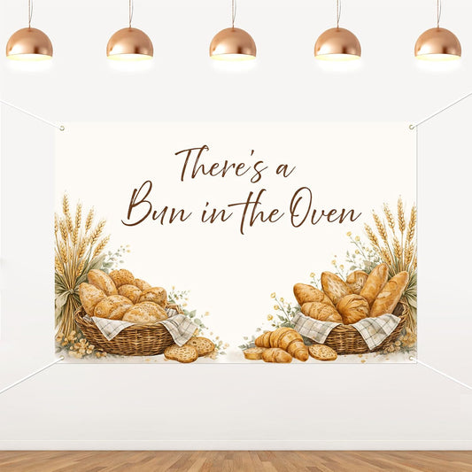 ZestZing 5 3ft There's a Bun in The Oven Backdrop Bun in The Oven Baby Shower Party Decorations Rustic Bakery Bread
