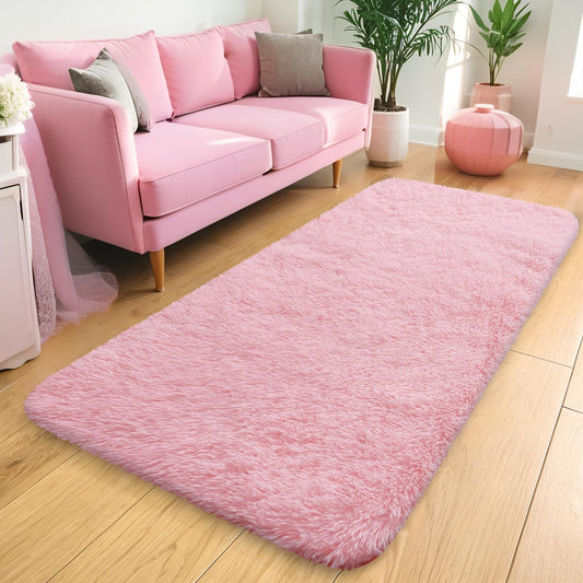 OLANLY Machine Washable Runner Rugs - Soft Fluffy Shaggy Design for Hallway & Bedroom | Pink 2x4 ft