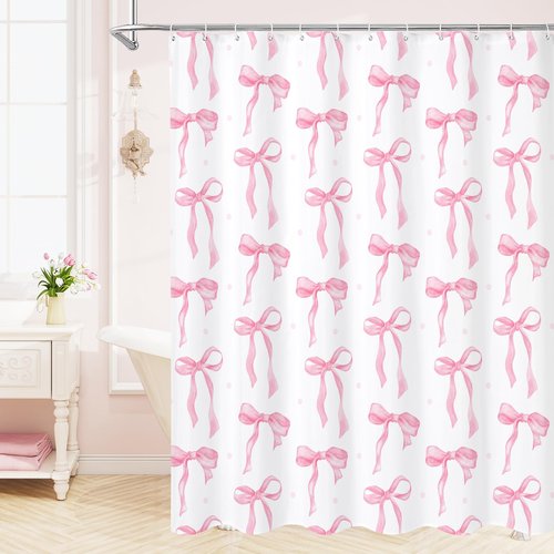 Litabel Cute Bow Shower Curtain, Pink Aesthetic Bowknot Shower Curtain for Bathroom, Modern Minimalist White Waterproof Fabric Shower Curtain Set, 72x72 Inch