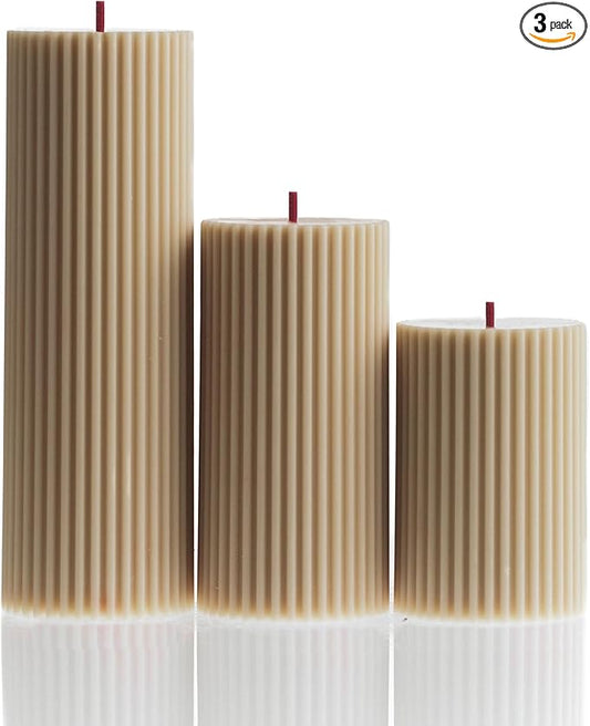 LAWA Roman Handmade Tall Ribbed Pillar Candle - Beautiful Scented Soy Wax Dinner Candle | Classic Aesthetic Decoration Set | Housewarming Gift | Home Room Shelf Decor Idea - Sandstone (Set of 3)
