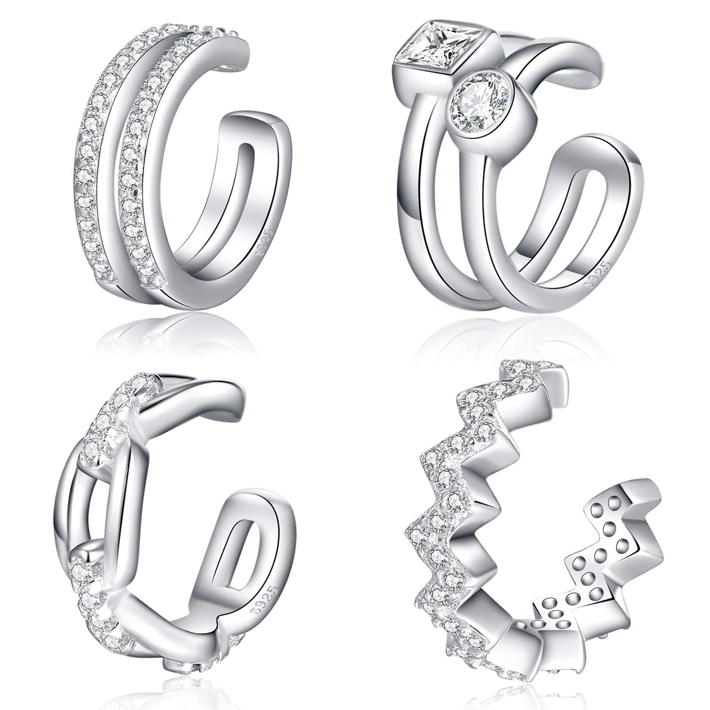 Ear Cuffs 925 Sterling Silver CZ Fake Ear Cuffs for Women Non-Piercing Ear Conch Clip on Cartilage Earrings | 4 Various Styles