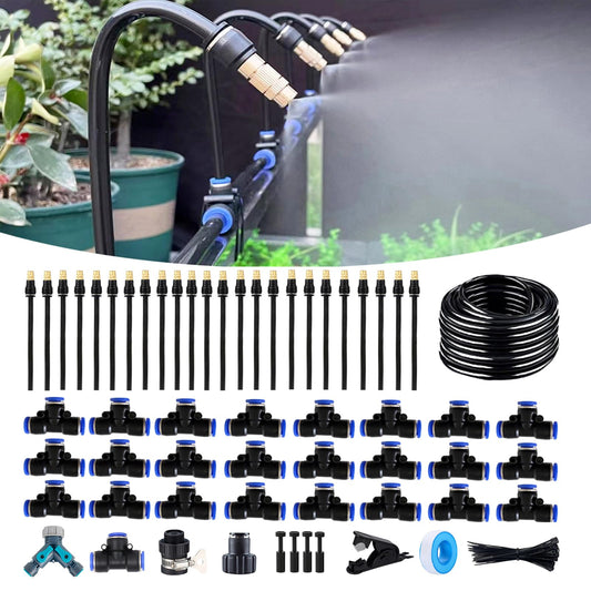 100FT Drip Irrigation Kit, Automatic Garden Watering System with Tool-Free Quick Connectors, 360° Bending Drippers & Copper Misting Nozzles for Greenhouse, Patio, Lawn & Vegetable Garden. (30M)