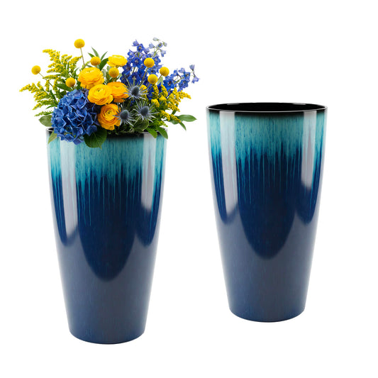 LESOASIS 21 inch Tall Planter, Set of 2 Tall Planters for Outdoor & Indoor Plants, Large Outdoor Planters for Front Porch, Patio, Garden (Blue Flowing Glaze)