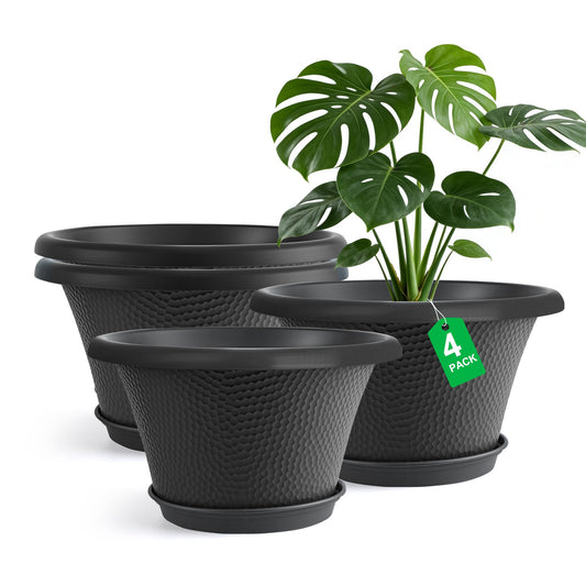 Quarut 12 Inch Pots for Plants,4 Pack Large Flower Pots with Drainage Hole & Saucer,Modern Planters for Indoor Outdoor Plants,Decorative Resin Garden Pots Black