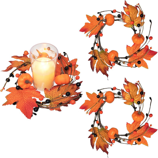 Skiennix 3-Piece Fall Candle Rings - Autumn Maple Leaves & Pumpkins | Perfect for Halloween & Thanksgiving Decor