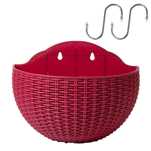 Hanging Planter Pot, Wall and Railing Hanging Planters with S Hooks, Half Round Imitation Rattan European Style Wall Flowerpot Rustic Decorative Flower Basket for Home(#2pcs 26 * 20.5cm Wine red)