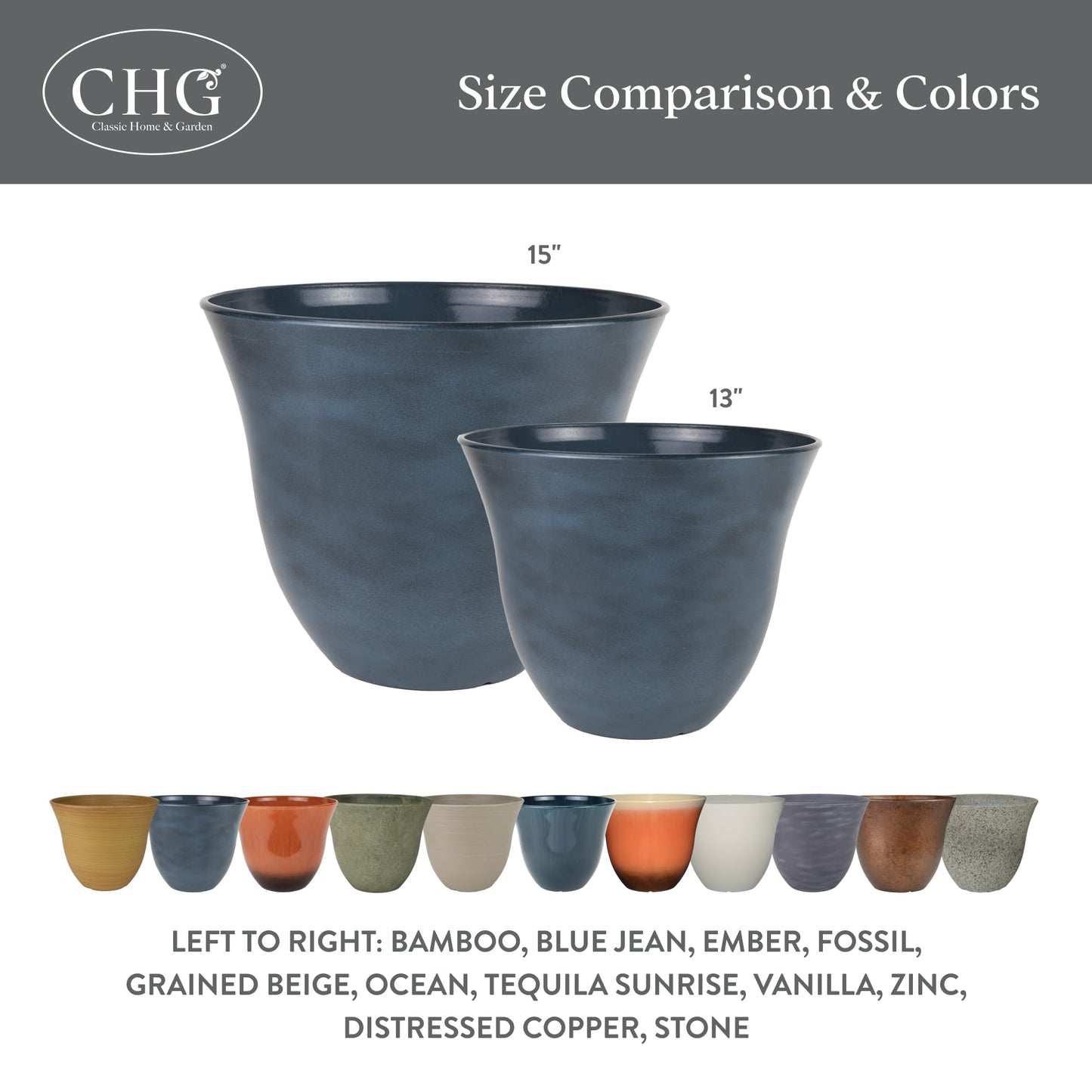 Classic Home and Garden by Growscape Honeysuckle Resin Planters - Lightweight Indoor & Outdoor Plant Pots - UV-Resistant Plastic Flower Pots - Pot Planters for Flowers & Herbs (15" Stone)
